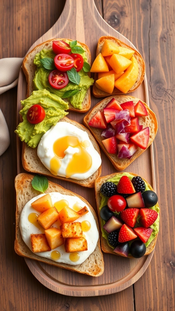 Gourmet Toast Flight Recipe A colorful toast flight with avocado toast, ricotta with honey, and seasonal fruits on a rustic wooden table.